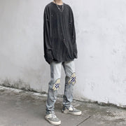 Men Jeans Summer Water Washed Hole Jeans Patch Plaid Pants