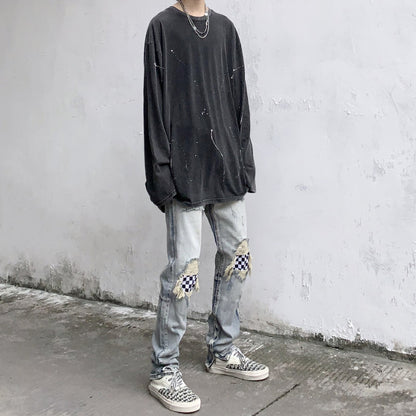 Men Jeans Summer Water Washed Hole Jeans Patch Plaid Pants