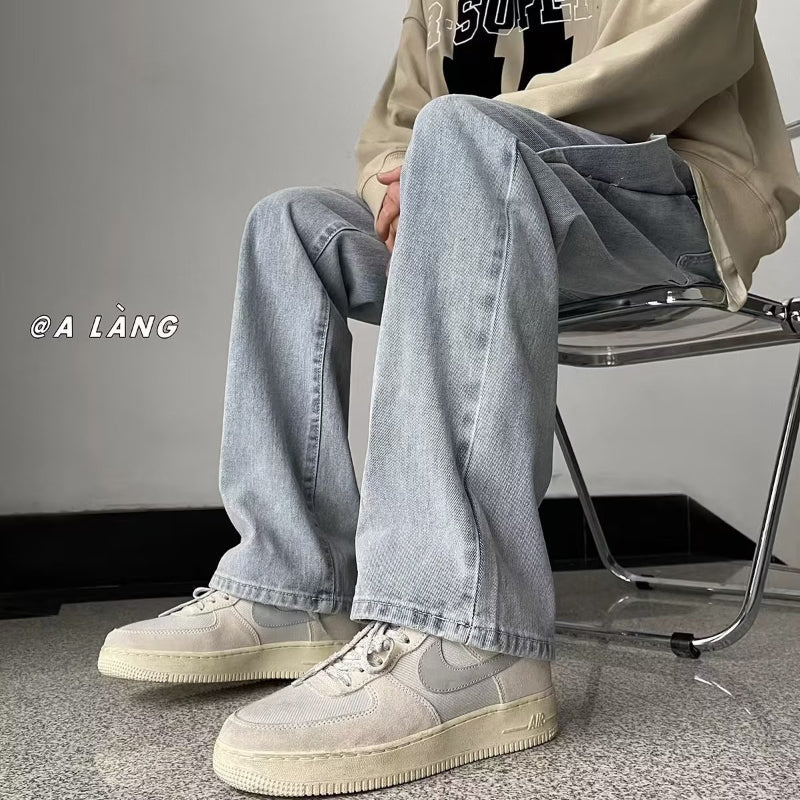 Men Jeans Washed Light Blue Jeans Slim-Fit Straight Trousers