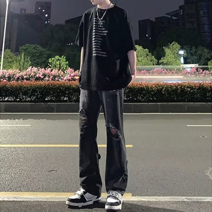 Men Jeans Black Ripped Jeans Summer Trousers Straight Bootcut Trousers