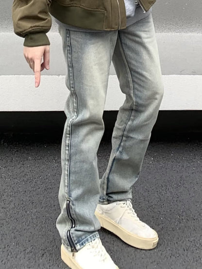 Men Jeans Vintage Slim Jeans Men Zipper Slit Loose Straight-Leg Pants