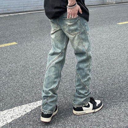 Men Jeans Washed Distressed Stitching Jeans Loose Straight Trousers