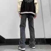 Men Jeans Loose Straight Hiphop Draping Rivet Overalls