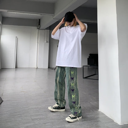 Men Jeans Retro Gradient Butterfly Embroidery Loose Washed-out Straight Wide Leg Pants