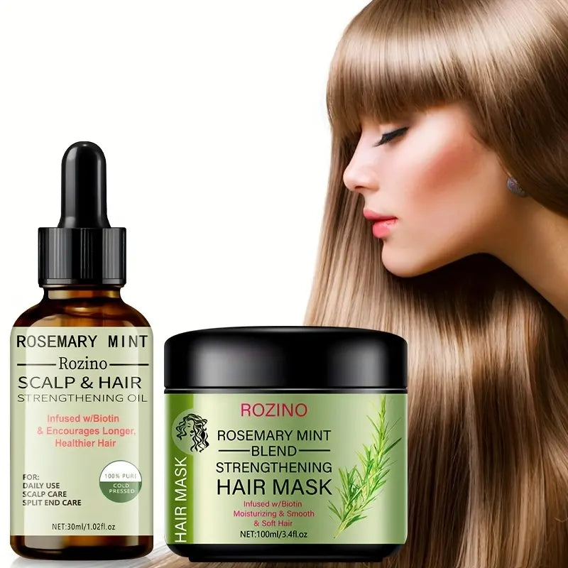 ROZINO Organic Rosemary Hair Mask & Mint Oil Set - Deep Conditioning Treatment for Dry, Damaged Hair with Biotin