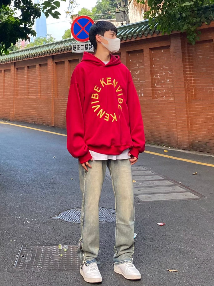 Men Jeans Washed Zipper Jeans Spring and Autumn Vintage Casual Loose Trousers