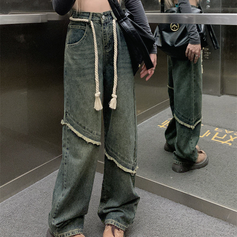 Men Jeans Vintage Jeans Loose High Waist Straight Wide Leg Pants
