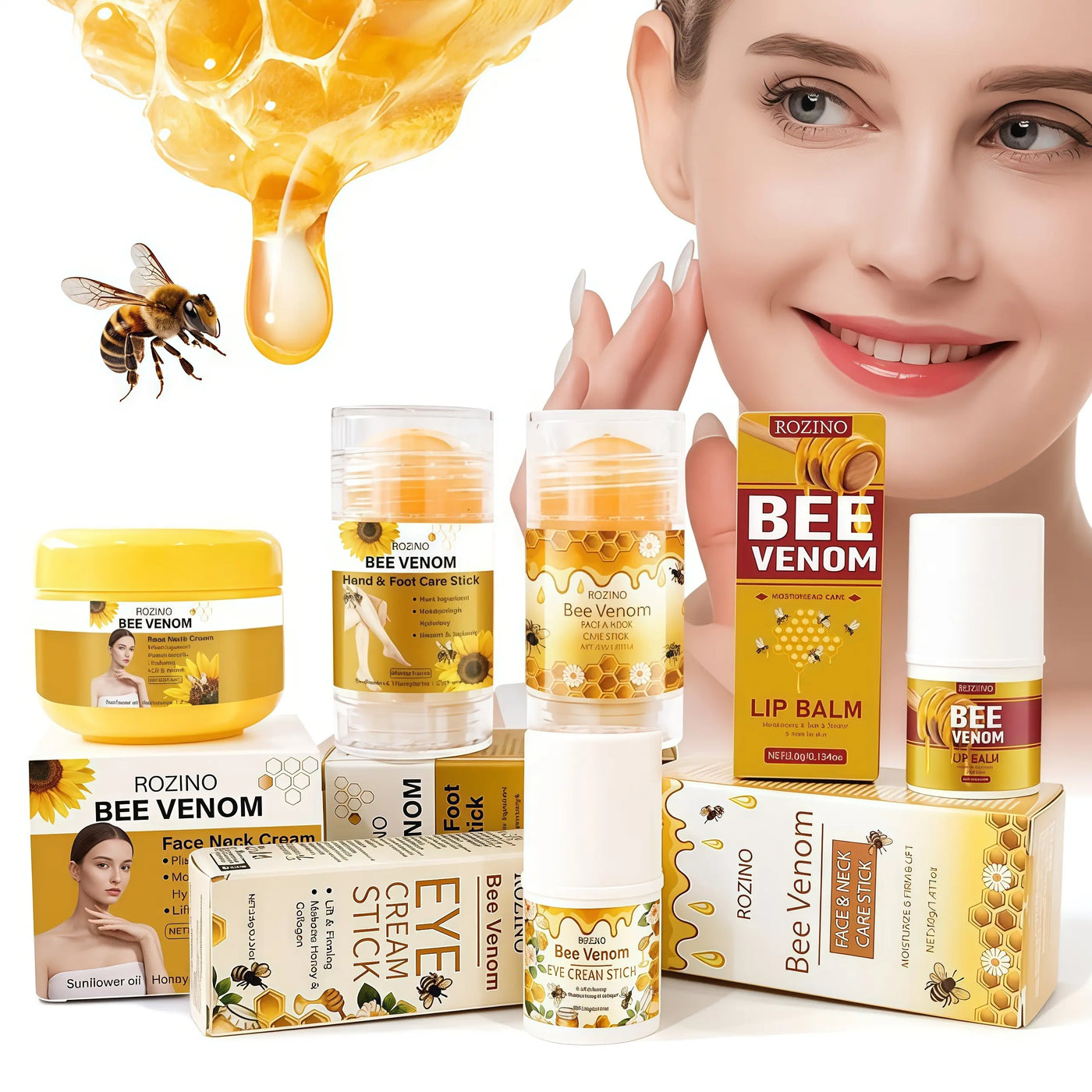 ROZINO 5-Piece Honey Skincare Set - Eye Cream, Lip Balm, Face & Body Moisturizers