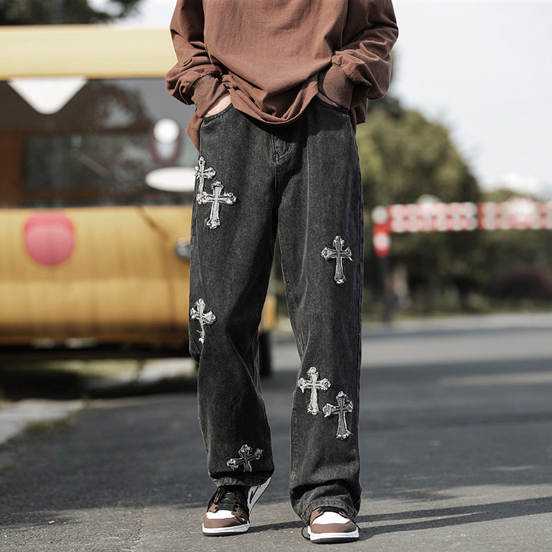 Men Jeans Cross Loose Straight Wide Leg Casual Trousers