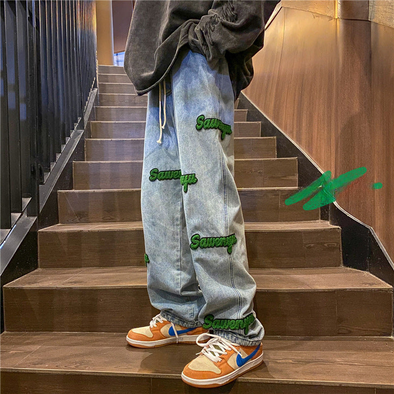 Men Jeans Flocking Embroidered Jeans Men's Spring and Autumn Loose Straight-Leg Wide-Leg Pants