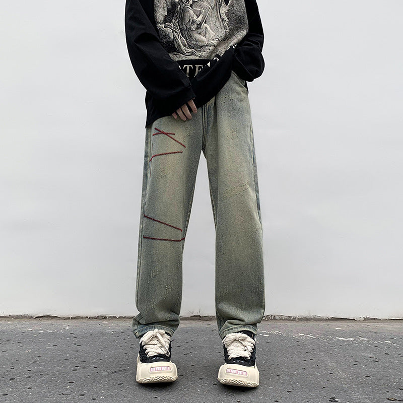 Men Jeans Washed Worn Jeans Men's Autumn and Winter Loose Wide Leg Pants Straight-Leg Pants