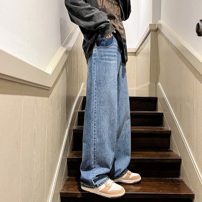 Men Jeans Washed-out Vintage Jeans Autumn Loose Casual Wide-Leg Straight Pants