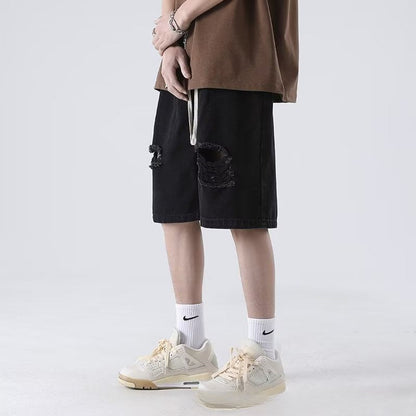 Men Jeans Ripped Denim Shorts Men's Summer Straight-Leg Pants