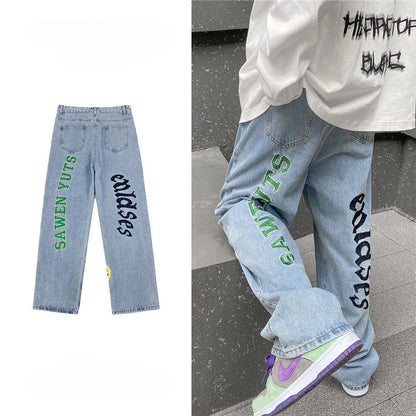 Men Jeans Embroidered Jeans Straight Oldschool Trousers