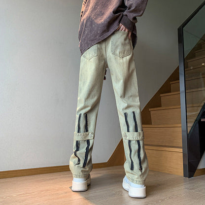 Men Jeans Zipper Jeans Men's Spring Retro Loose Wide Leg Straight Casual Trousers