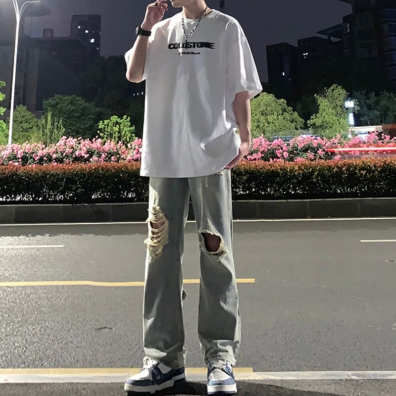 Men Jeans Black Ripped Jeans Summer Trousers Straight Bootcut Trousers