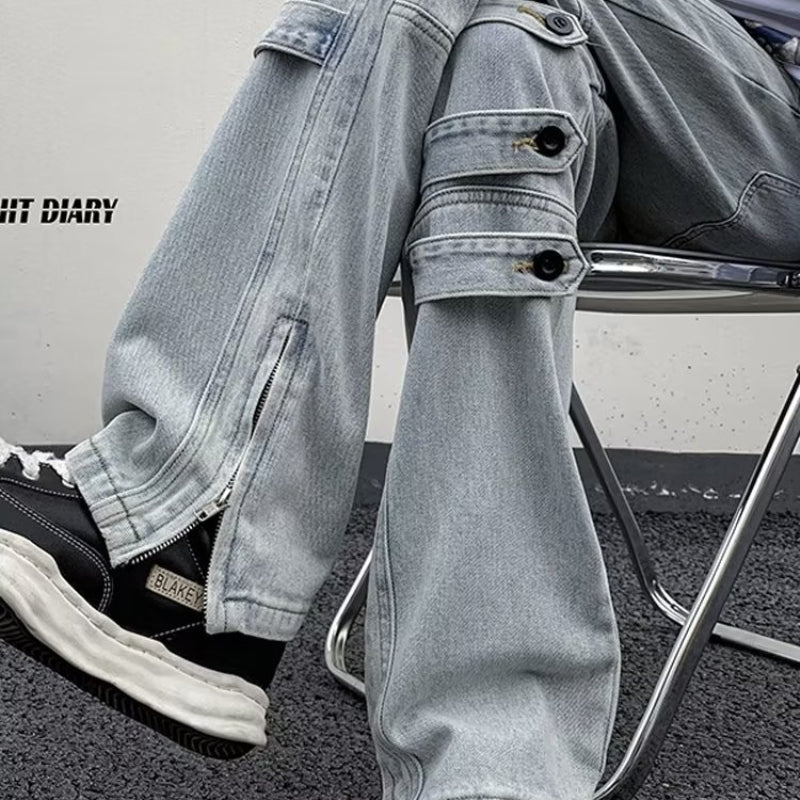 Men Jeans Skinny Jeans Zipper Split Straight-Leg Overalls