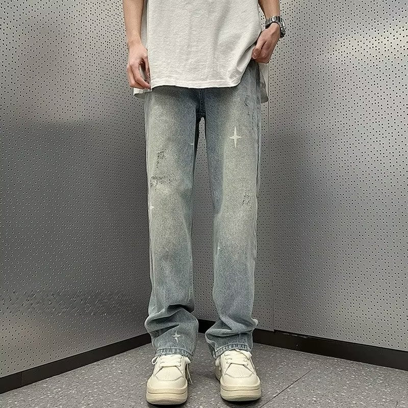 Men Jeans Washed Jeans Men's Summer Loose Retro Hiphop Straight-Leg Pants
