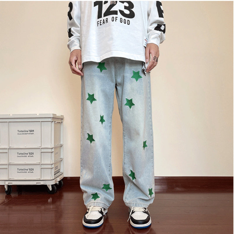 Men Jeans Embroidered Jeans Men's Autumn Oversize Straight-Leg Pants