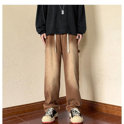 Men Jeans Vintage Brown Jeans Men's Autumn Loose Straight Wide Leg Pants