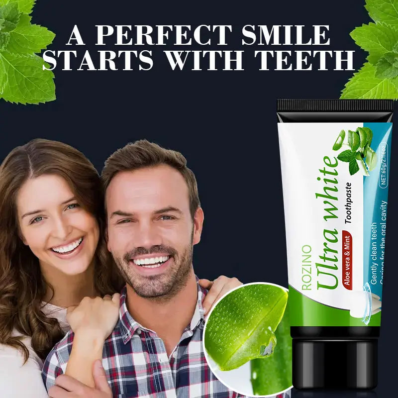 ROZINO Aloe Vera Ultra White Toothpaste - Sensitive Relief & Whitening, Fluoride-Free, Peppermint, 60g