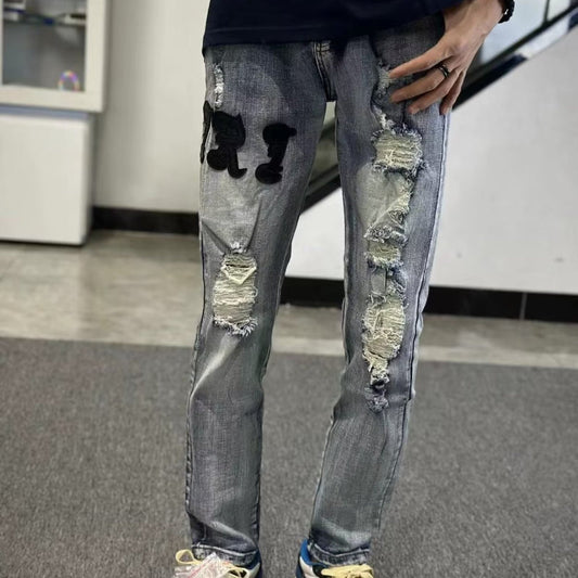Men Jeans Washed Make Old Ripped Jeans Embroidered Slacks