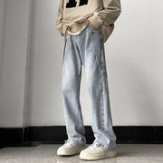 Men Jeans Washed Light Blue Jeans Slim-Fit Straight Trousers