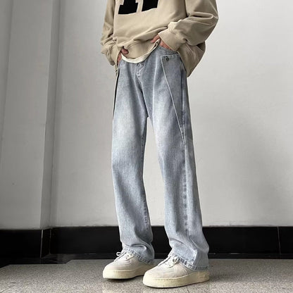 Men Jeans Washed Light Blue Jeans Slim-Fit Straight Trousers