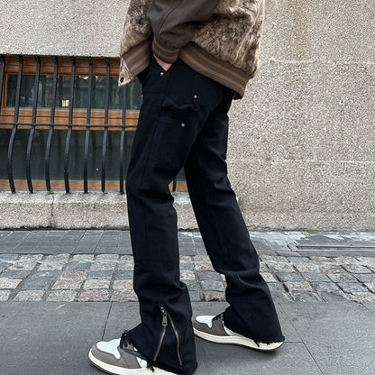 Men Jeans Zipper Slit Casual Pants Loose Straight Bootcut Pants