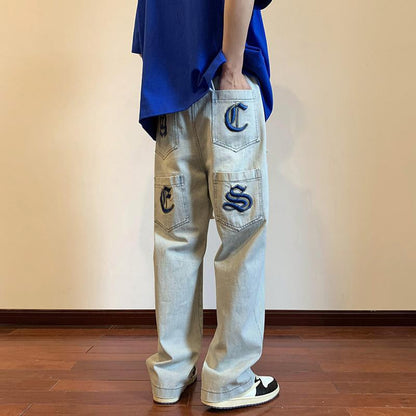 Men Jeans Vintage Embroidered Jeans Men's Autumn Loose Straight Cargo Pants