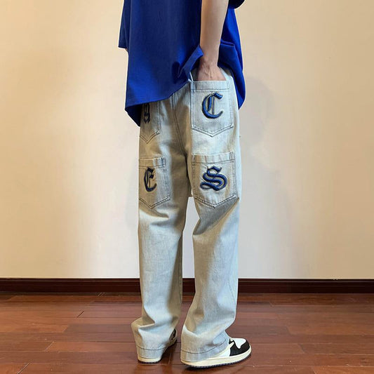 Men Jeans Vintage Embroidered Jeans Men's Autumn Loose Straight Cargo Pants