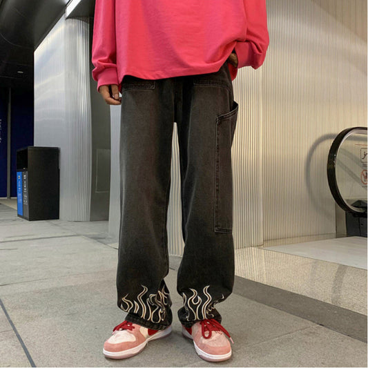 Men Jeans Retro Loose Wide Leg Pants Straight-Leg Trousers