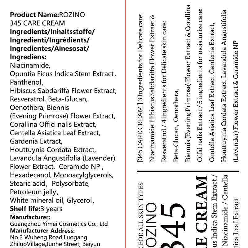 ROZINO 345 Care Cream - Gentle Facial Moisturizer for All Skin Types, 60g