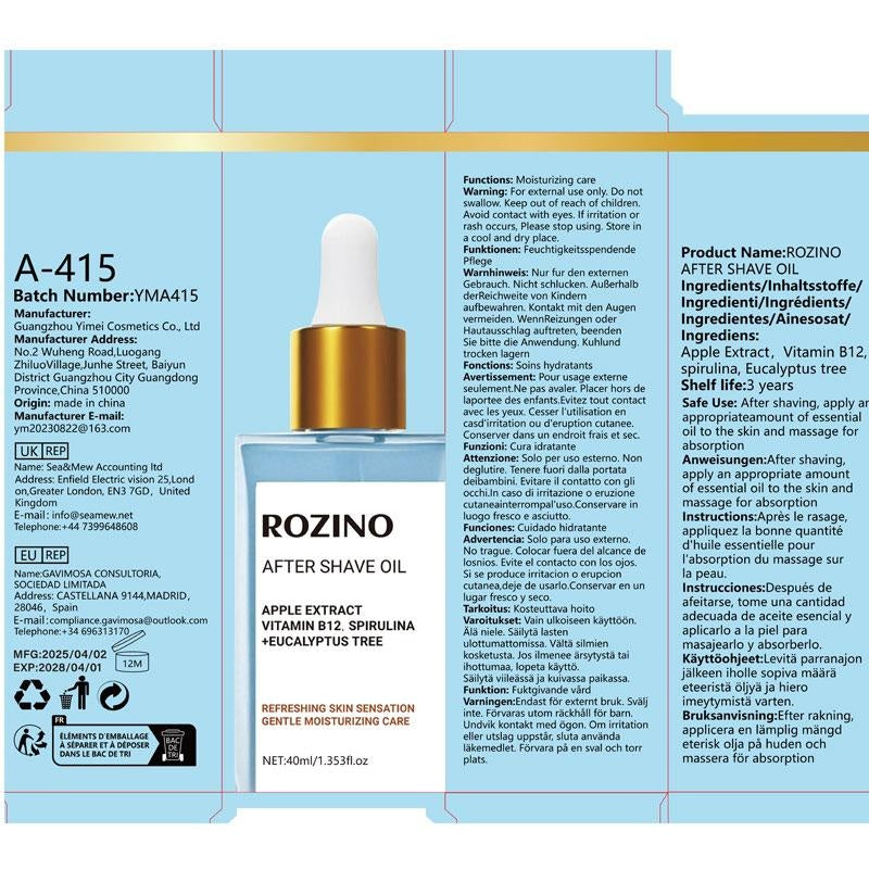 ROZINO After Shave Oil for Sensitive Skin - Apple Extract, Vitamin B3, Spirulina & Eucalyptus - 40ml