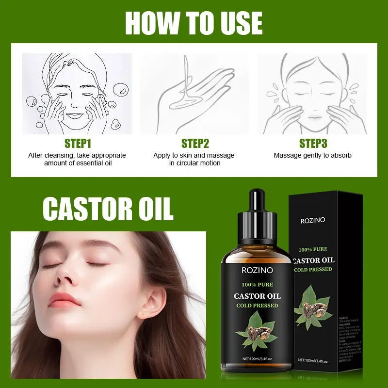 ROZINO Castor Oil - Cold Pressed & Pure for Hair, Skin & Body Care