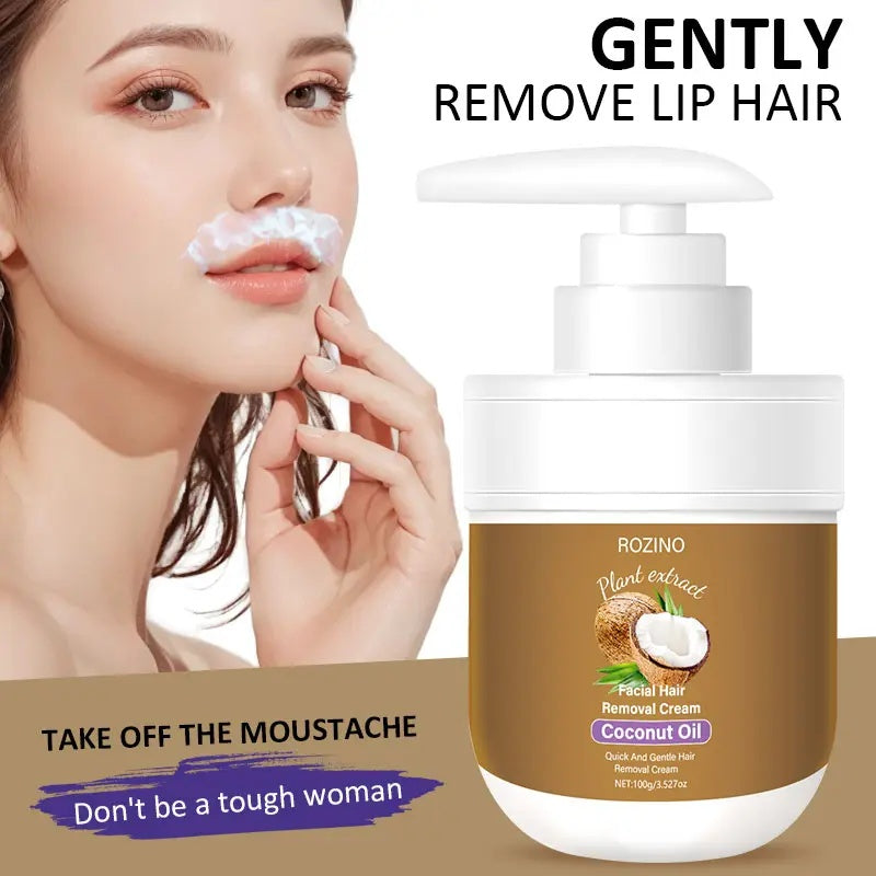 ROZINO Coconut Oil Hair Removal Cream - Gentle Painless Depilatory for Face, Arms & Legs