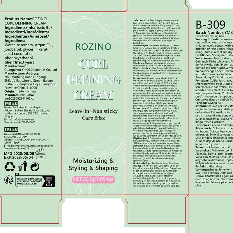 ROZINO Curl Defining Cream - Anti-Frizz Leave-In Styling Product, 200g