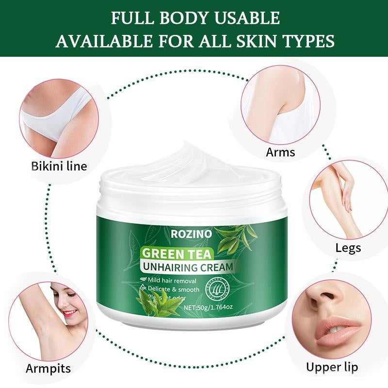 ROZINO Green Tea Hair Removal Cream - Painless for Body, Face & Bikini - 50g