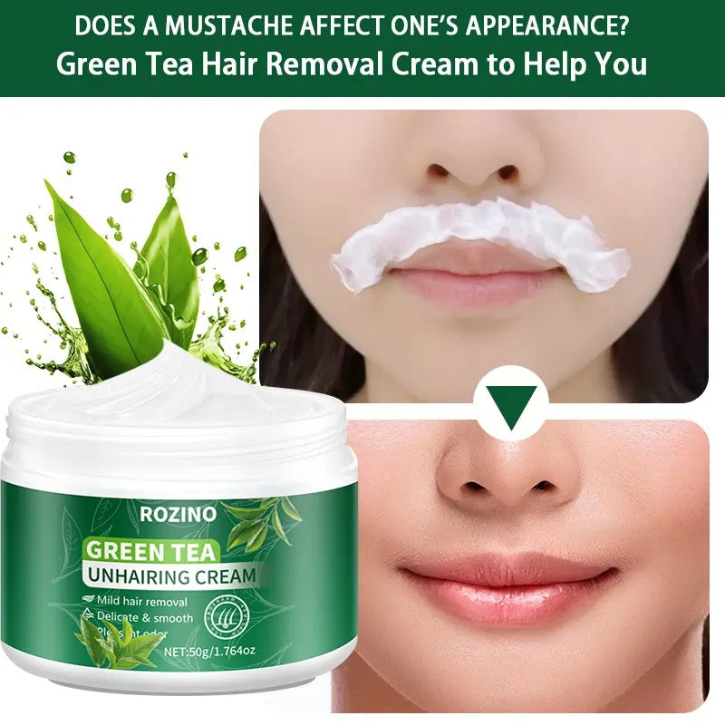 ROZINO Green Tea Hair Removal Cream - Painless for Body, Face & Bikini - 50g