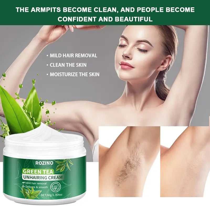 ROZINO Green Tea Hair Removal Cream - Painless for Body, Face & Bikini - 50g