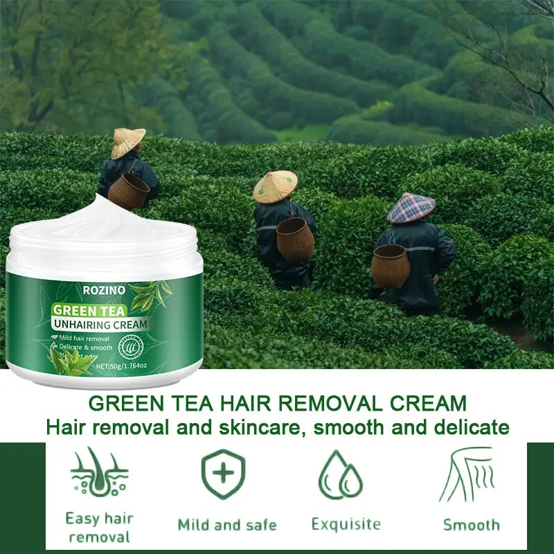 ROZINO Green Tea Hair Removal Cream - Painless for Body, Face & Bikini - 50g