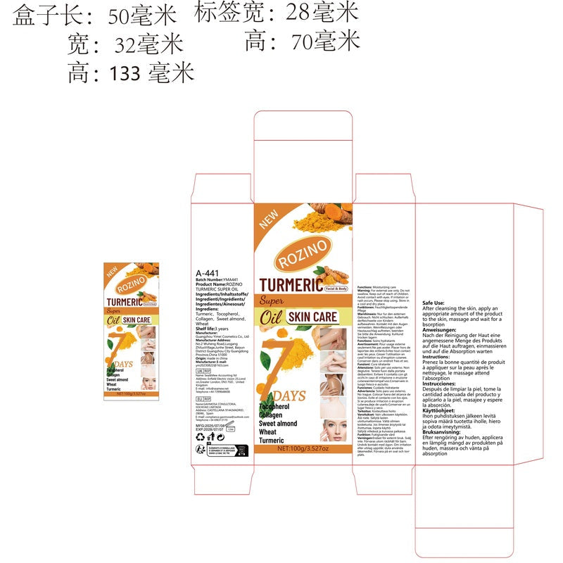 Rozino Turmeric Body & Massage Oil - Natural Skin Care Formula, 100ml